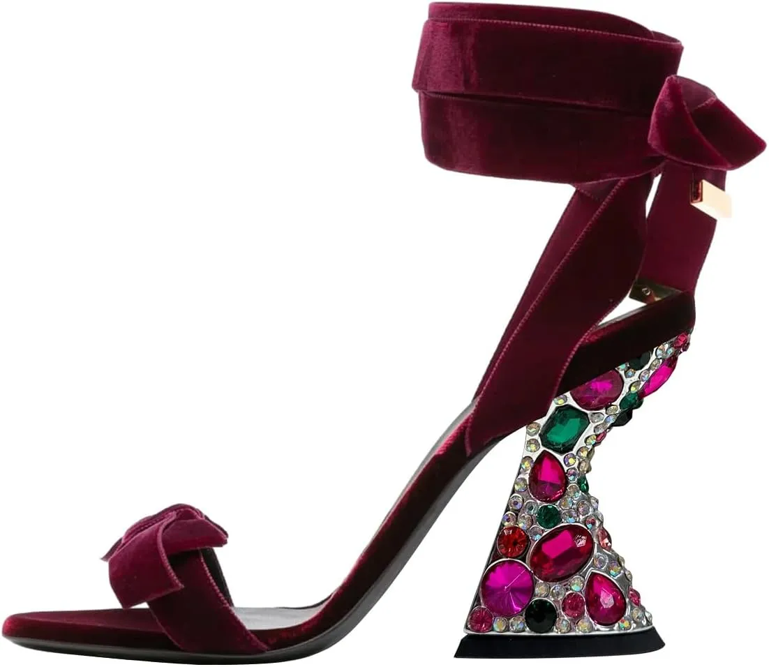 Women Elegant Velvet Bowknot Open Toe Strappy Ankle Strap Sandals Gorgeous Studded Rhinestone High Heel Wedding Party Shoes Size 4-16 US