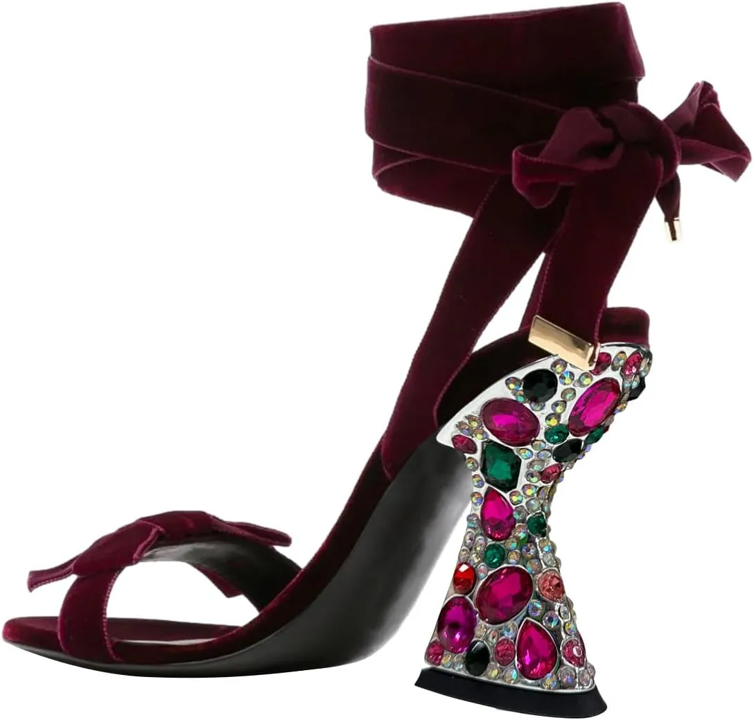 Women Elegant Velvet Bowknot Open Toe Strappy Ankle Strap Sandals Gorgeous Studded Rhinestone High Heel Wedding Party Shoes Size 4-16 US