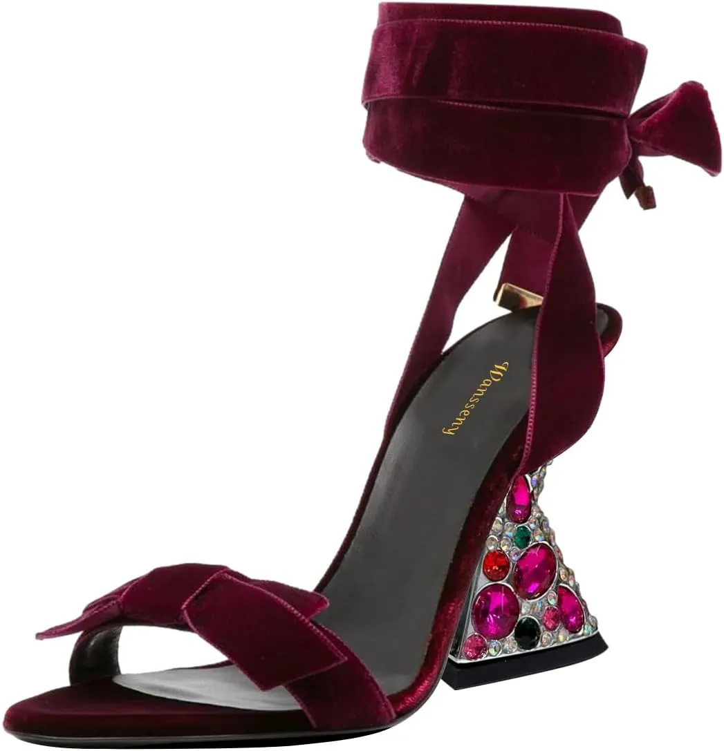 Women Elegant Velvet Bowknot Open Toe Strappy Ankle Strap Sandals Gorgeous Studded Rhinestone High Heel Wedding Party Shoes Size 4-16 US