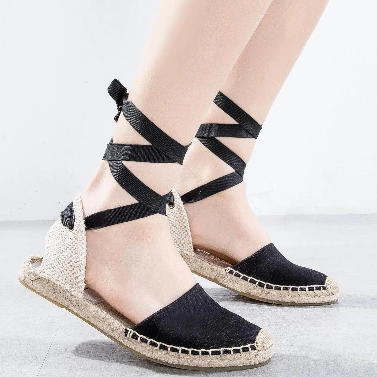 Women Espadrille Lace Up Flats Comfortable Summer Breathable Espadrille Sandals Adjustable Shoelace Dating Work Travel