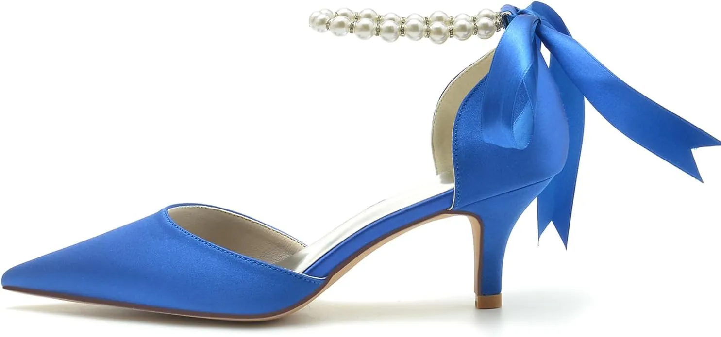 Women Pointed Toe Heels Pumps Wedding Bridal Shoes Satin Pearls Ribbon Tie Strap Adjustable Ankle Strap Sandals