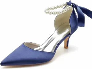 Women Pointed Toe Heels Pumps Wedding Bridal Shoes Satin Pearls Ribbon Tie Strap Adjustable Ankle Strap Sandals