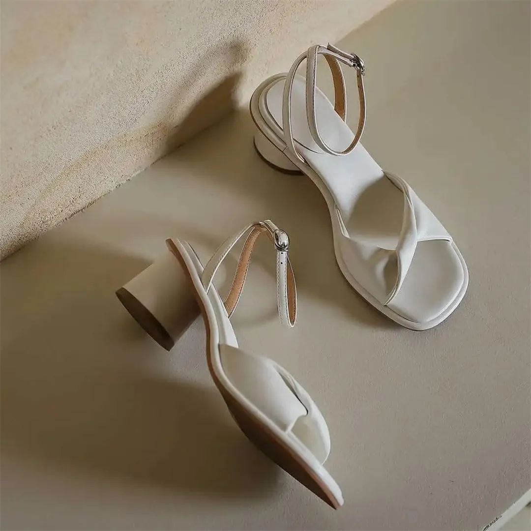 Women Sandals Genuine Leather Peep Toe High Heels Buckle Strap Open Side Vamp Round Heel Casual Sandals