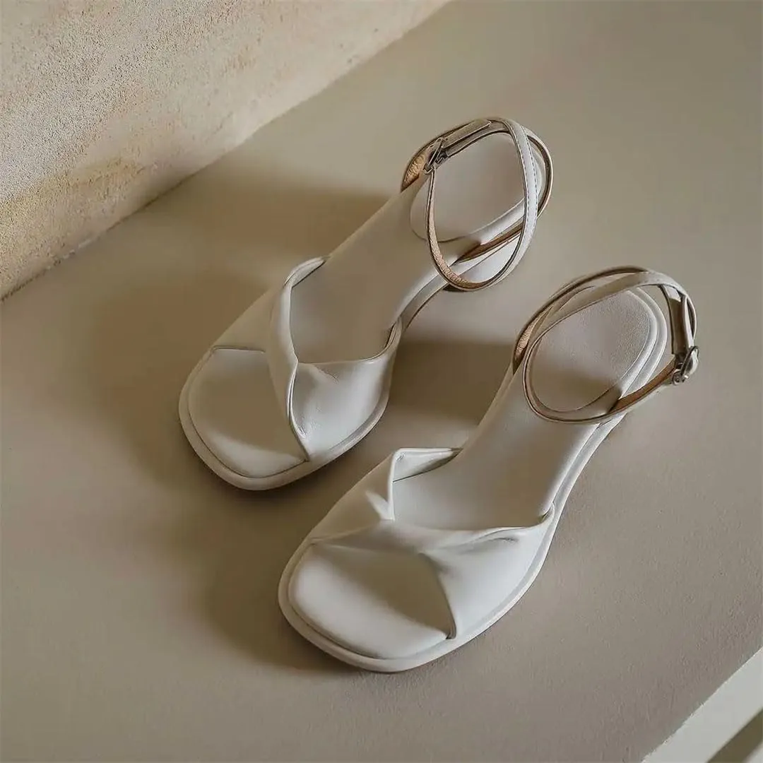 Women Sandals Genuine Leather Peep Toe High Heels Buckle Strap Open Side Vamp Round Heel Casual Sandals