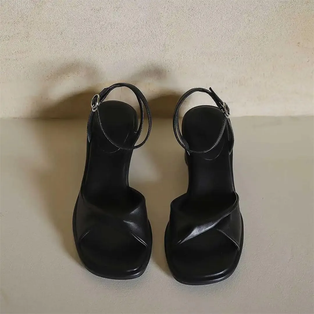 Women Sandals Genuine Leather Peep Toe High Heels Buckle Strap Open Side Vamp Round Heel Casual Sandals