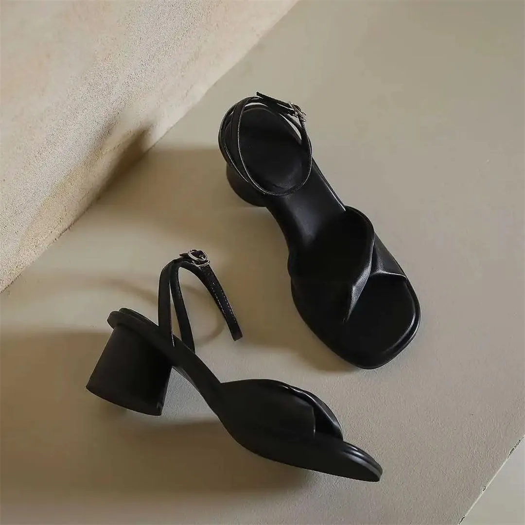 Women Sandals Genuine Leather Peep Toe High Heels Buckle Strap Open Side Vamp Round Heel Casual Sandals