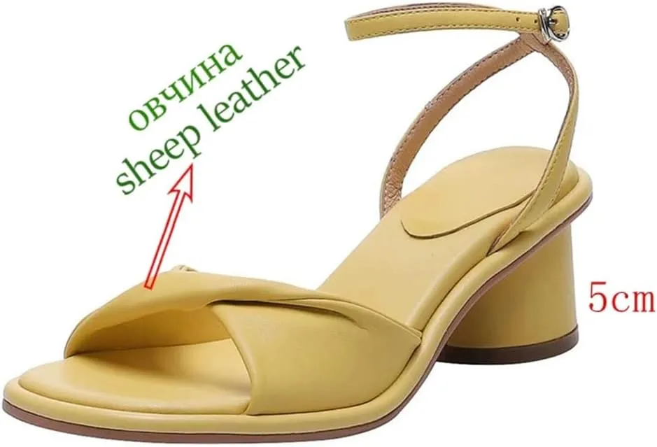 Women Sandals Genuine Leather Peep Toe High Heels Buckle Strap Open Side Vamp Round Heel Casual Sandals