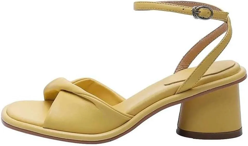 Women Sandals Genuine Leather Peep Toe High Heels Buckle Strap Open Side Vamp Round Heel Casual Sandals