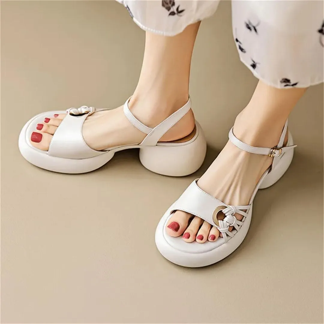 Women Sandals Round Toe Chunky Heel Platform Buckle Strap Casual Open Side Vamp Front & Rear Strap Fashion Sandals