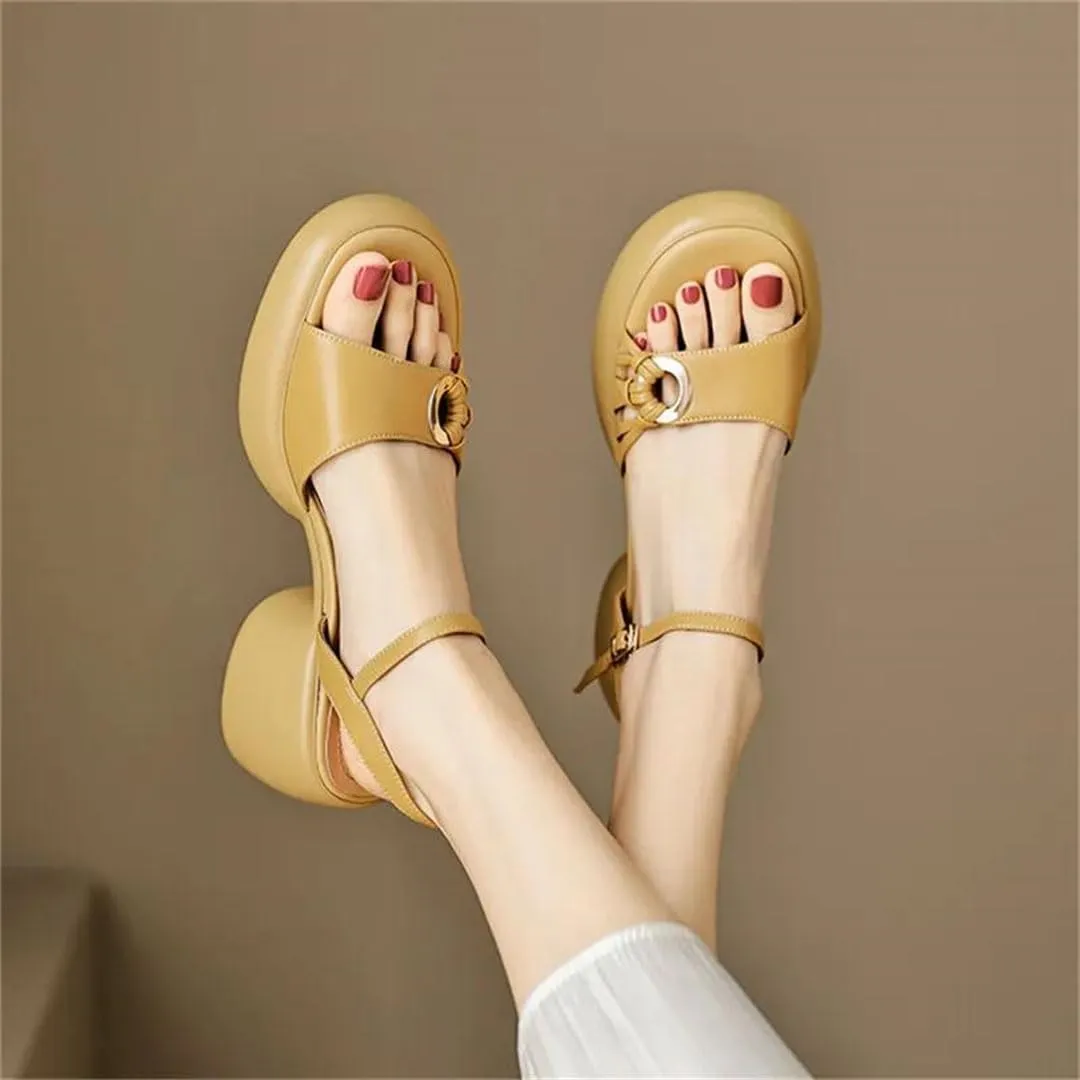 Women Sandals Round Toe Chunky Heel Platform Buckle Strap Casual Open Side Vamp Front & Rear Strap Fashion Sandals