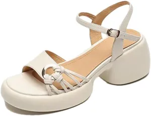 Women Sandals Round Toe Chunky Heel Platform Buckle Strap Casual Open Side Vamp Front & Rear Strap Fashion Sandals