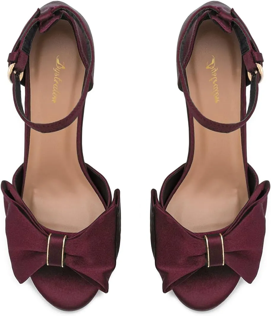 Women Satin Heeled Sandals with Bows Open Round Toe 3 Inch Chunky Block High Heels Dress Sandals Buckled Ankle Strap Peep Toe Vintage Dressy Bridal Wedding Party Office Summer Shoe 4-11 M US