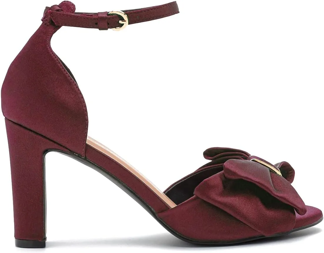 Women Satin Heeled Sandals with Bows Open Round Toe 3 Inch Chunky Block High Heels Dress Sandals Buckled Ankle Strap Peep Toe Vintage Dressy Bridal Wedding Party Office Summer Shoe 4-11 M US