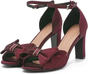 Women Satin Heeled Sandals with Bows Open Round Toe 3 Inch Chunky Block High Heels Dress Sandals Buckled Ankle Strap Peep Toe Vintage Dressy Bridal Wedding Party Office Summer Shoe 4-11 M US