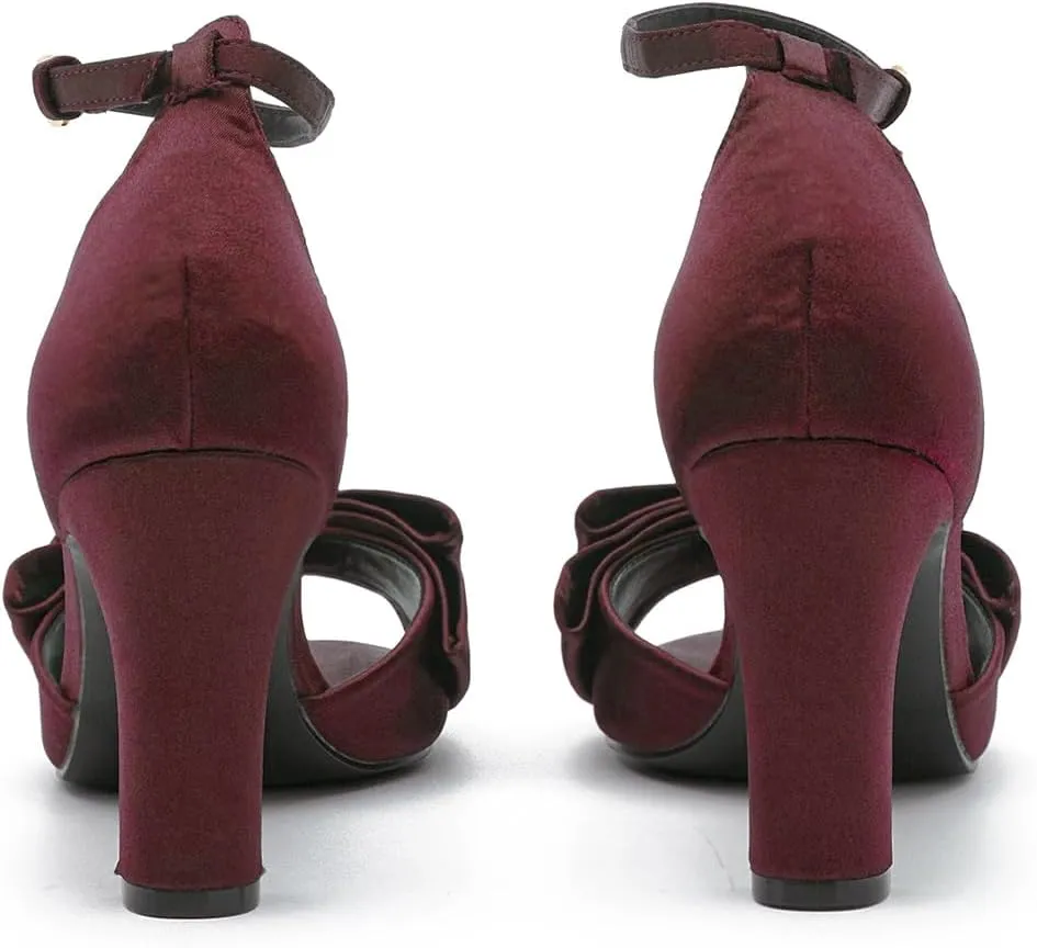 Women Satin Heeled Sandals with Bows Open Round Toe 3 Inch Chunky Block High Heels Dress Sandals Buckled Ankle Strap Peep Toe Vintage Dressy Bridal Wedding Party Office Summer Shoe 4-11 M US
