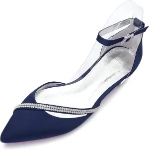 Women Satin Wedding Shoes for Bride Flats Pointed Toe Crystals Party Dress Bridesmaid Shoes 5047-1
