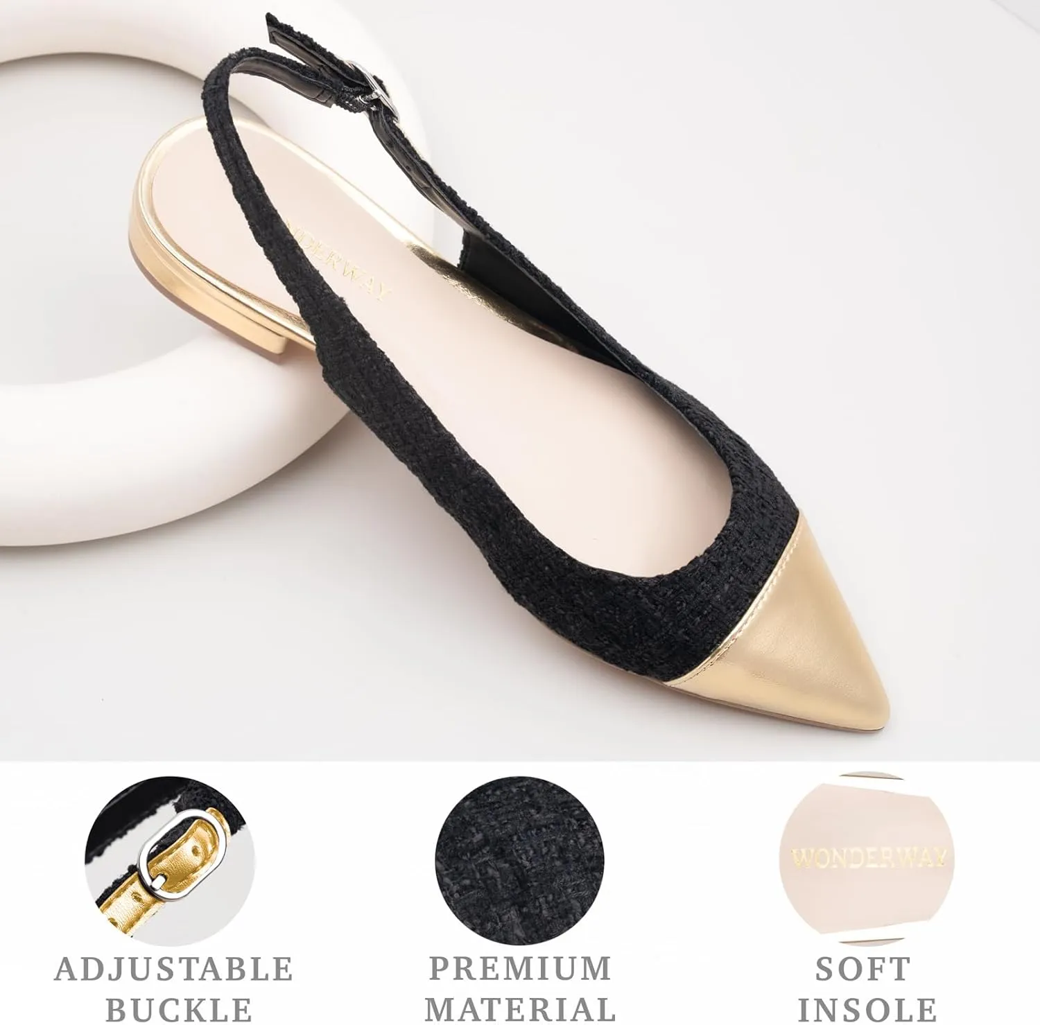 Women Slingback Flats Tweed Pointed Toe Slingback Flats Cap Toe Dress Shoes for Women