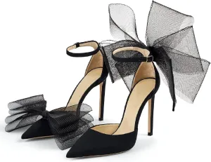 Women Stiletto High Heels Pumps with Asymmetric Grosgrain Mesh Bows Lace Ankle Strap Buckle Closed Pointed Toe Sexy Wedding Shoes Party Dressy Sandals 3.14 in