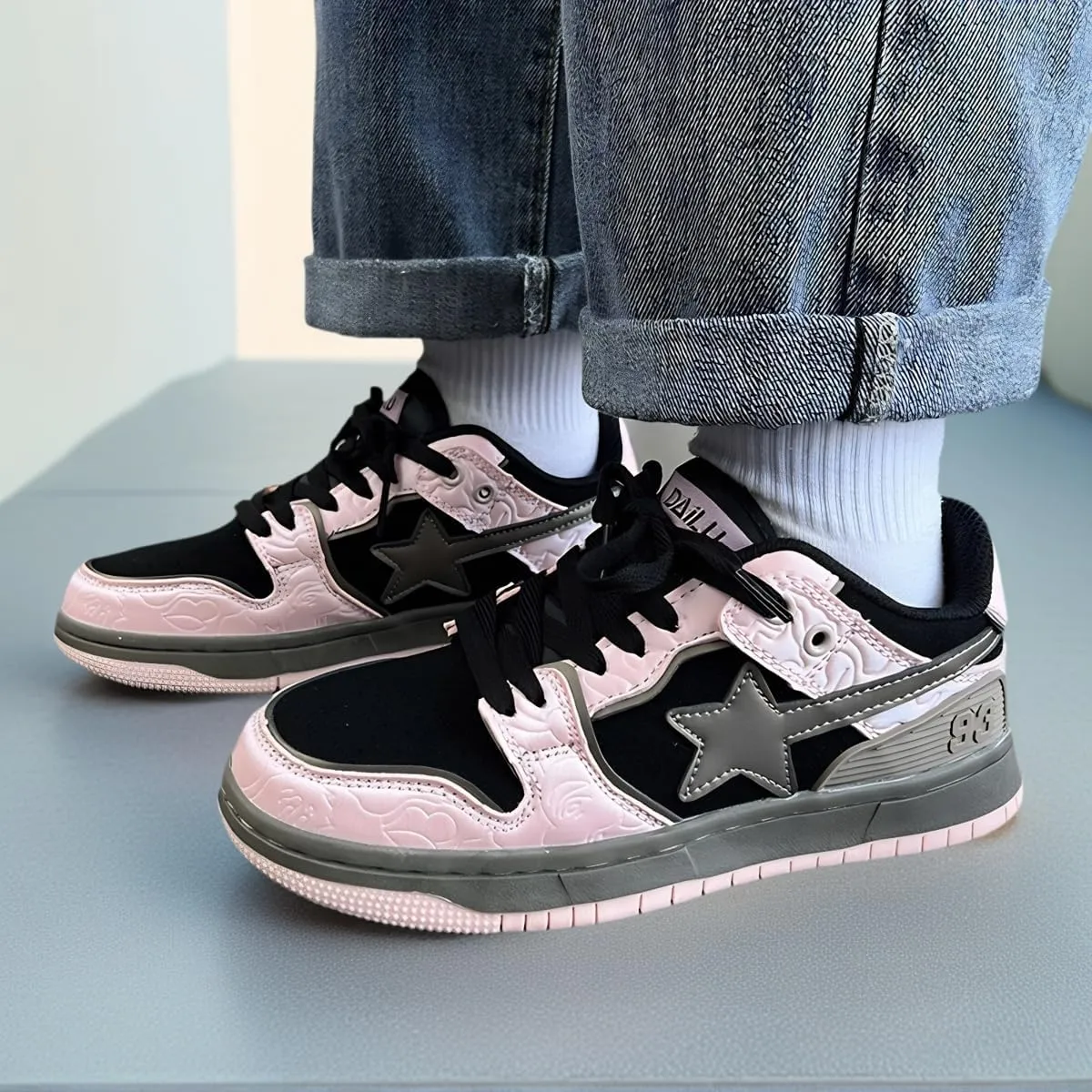Women Y2K Skate Sneakers, Star Patch Chunky Trainers, Premium Leather Streetwear Teens Couple Matching Preppy Campus