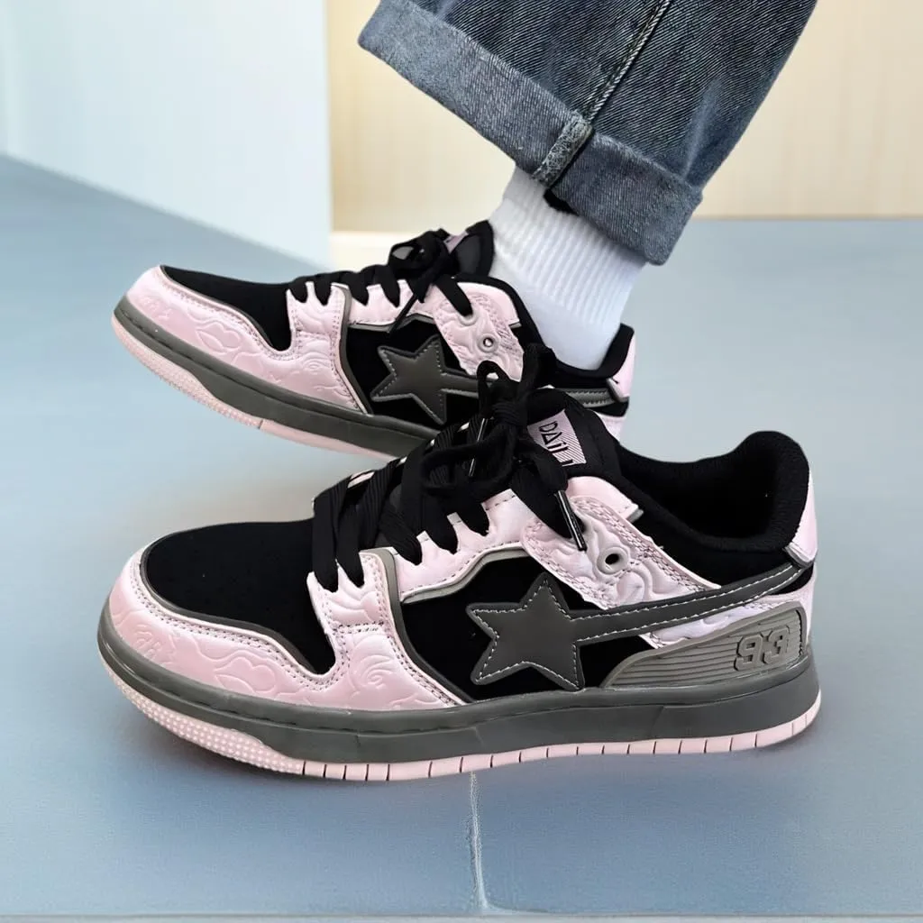 Women Y2K Skate Sneakers, Star Patch Chunky Trainers, Premium Leather Streetwear Teens Couple Matching Preppy Campus