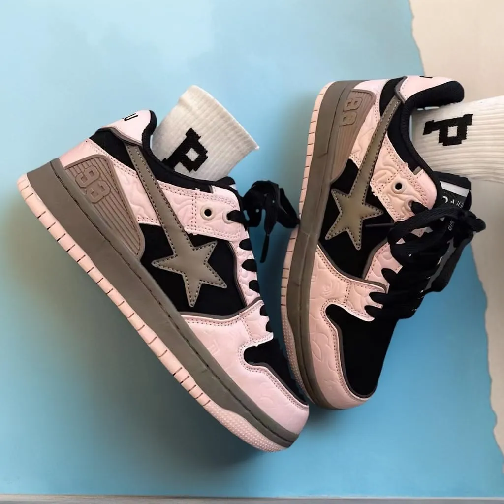 Women Y2K Skate Sneakers, Star Patch Chunky Trainers, Premium Leather Streetwear Teens Couple Matching Preppy Campus