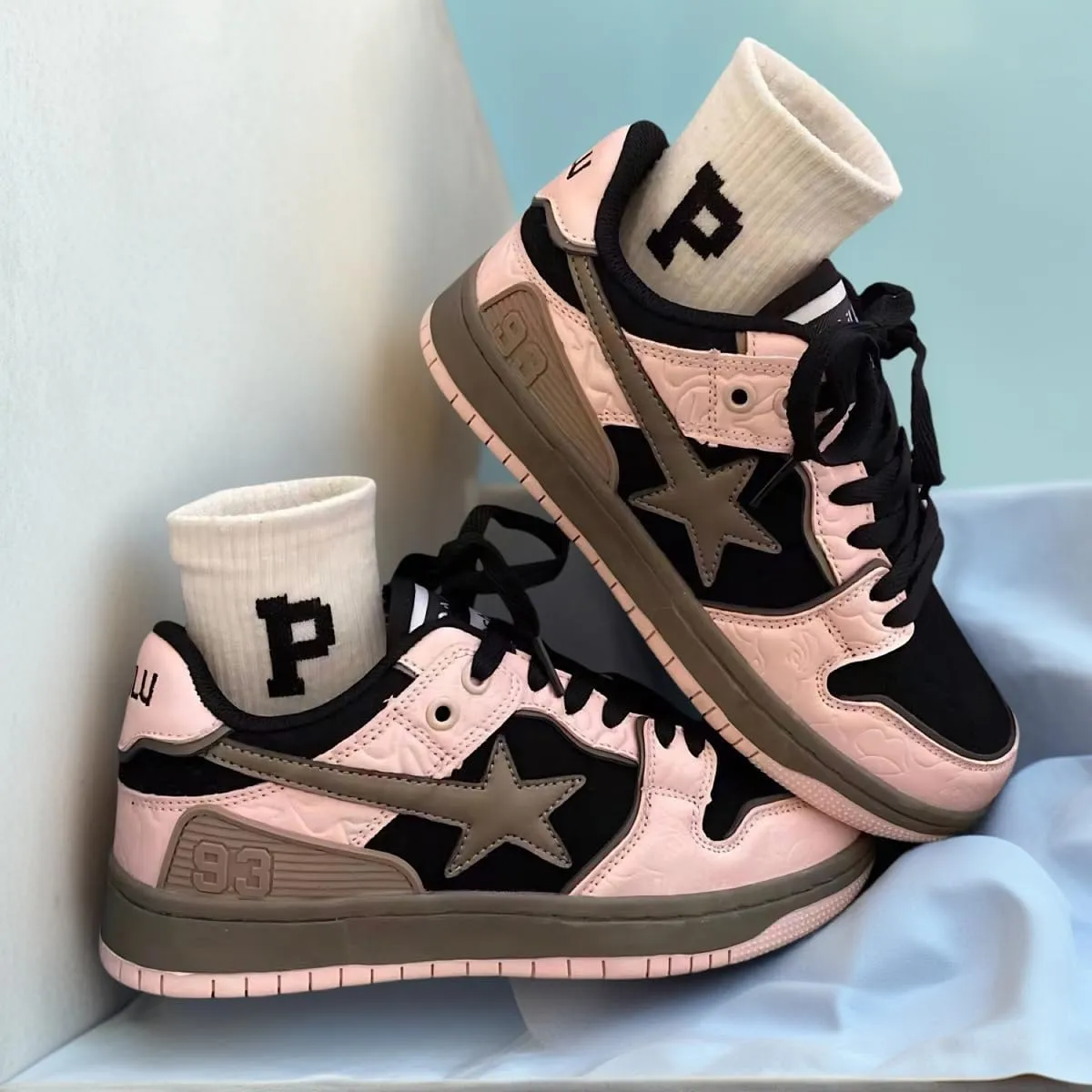 Women Y2K Skate Sneakers, Star Patch Chunky Trainers, Premium Leather Streetwear Teens Couple Matching Preppy Campus