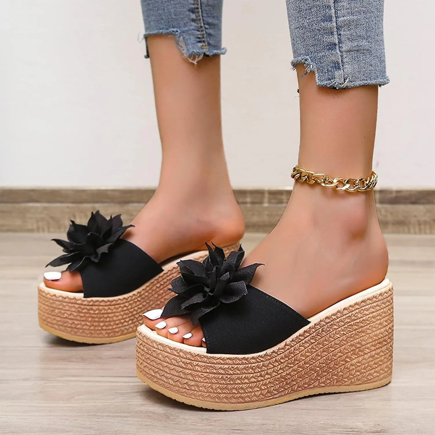 Women's 3D Flower Woven Platform Sandals Wedge Slides,Bohemia Casual Non-Slip Comfy Beach Fish Mouth Open Toes Sandals Dress Heels Slippers