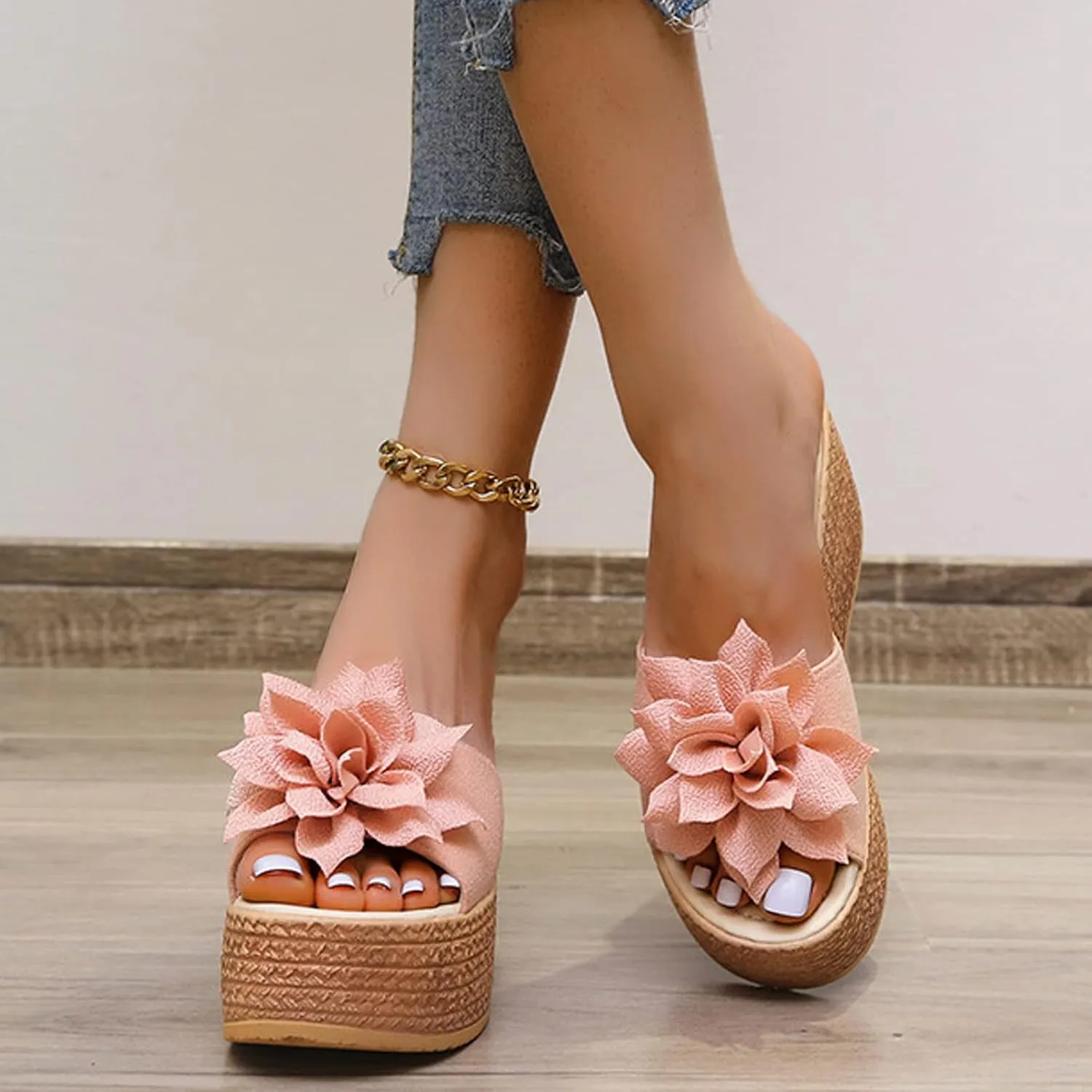 Women's 3D Flower Woven Platform Sandals Wedge Slides,Bohemia Casual Non-Slip Comfy Beach Fish Mouth Open Toes Sandals Dress Heels Slippers