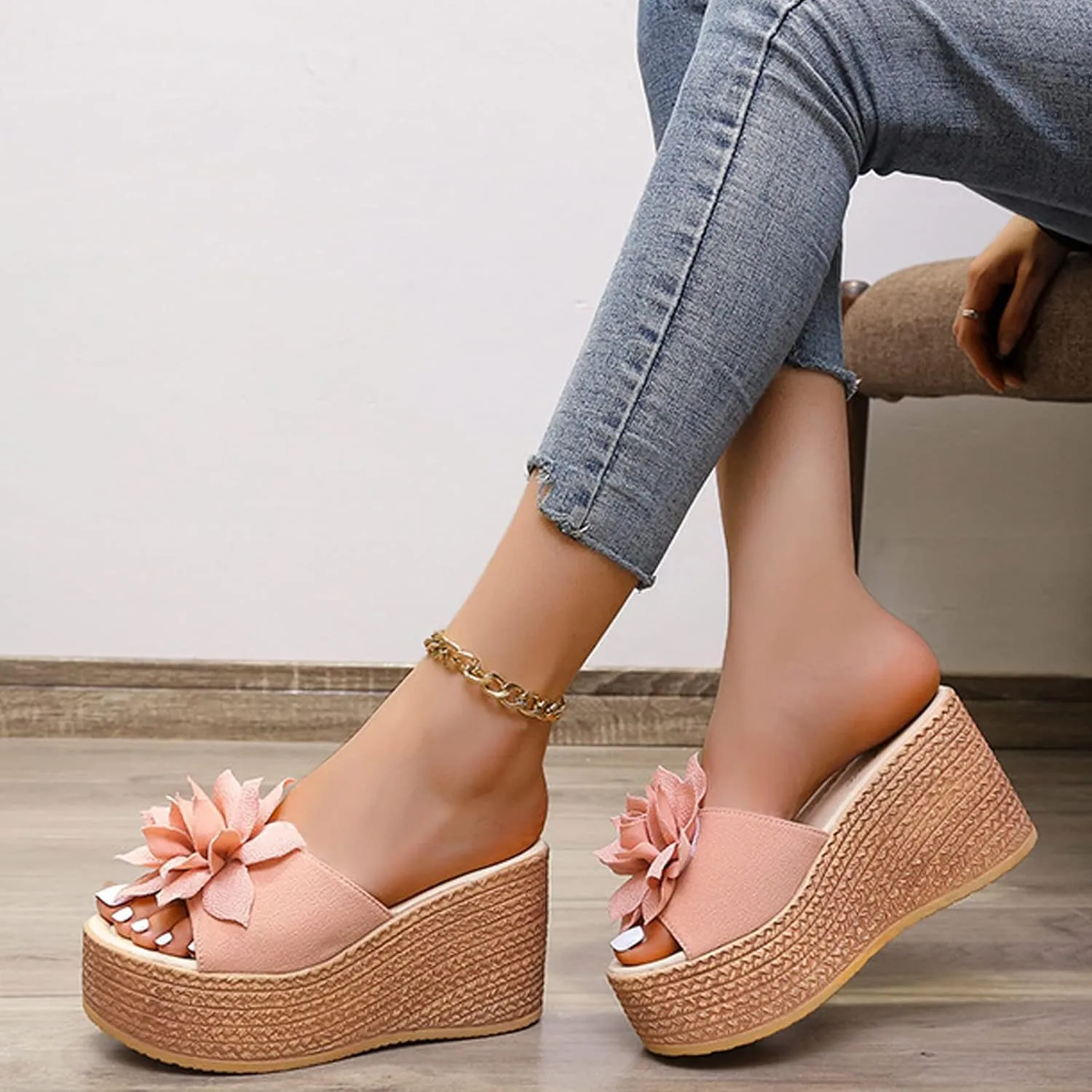 Women's 3D Flower Woven Platform Sandals Wedge Slides,Bohemia Casual Non-Slip Comfy Beach Fish Mouth Open Toes Sandals Dress Heels Slippers