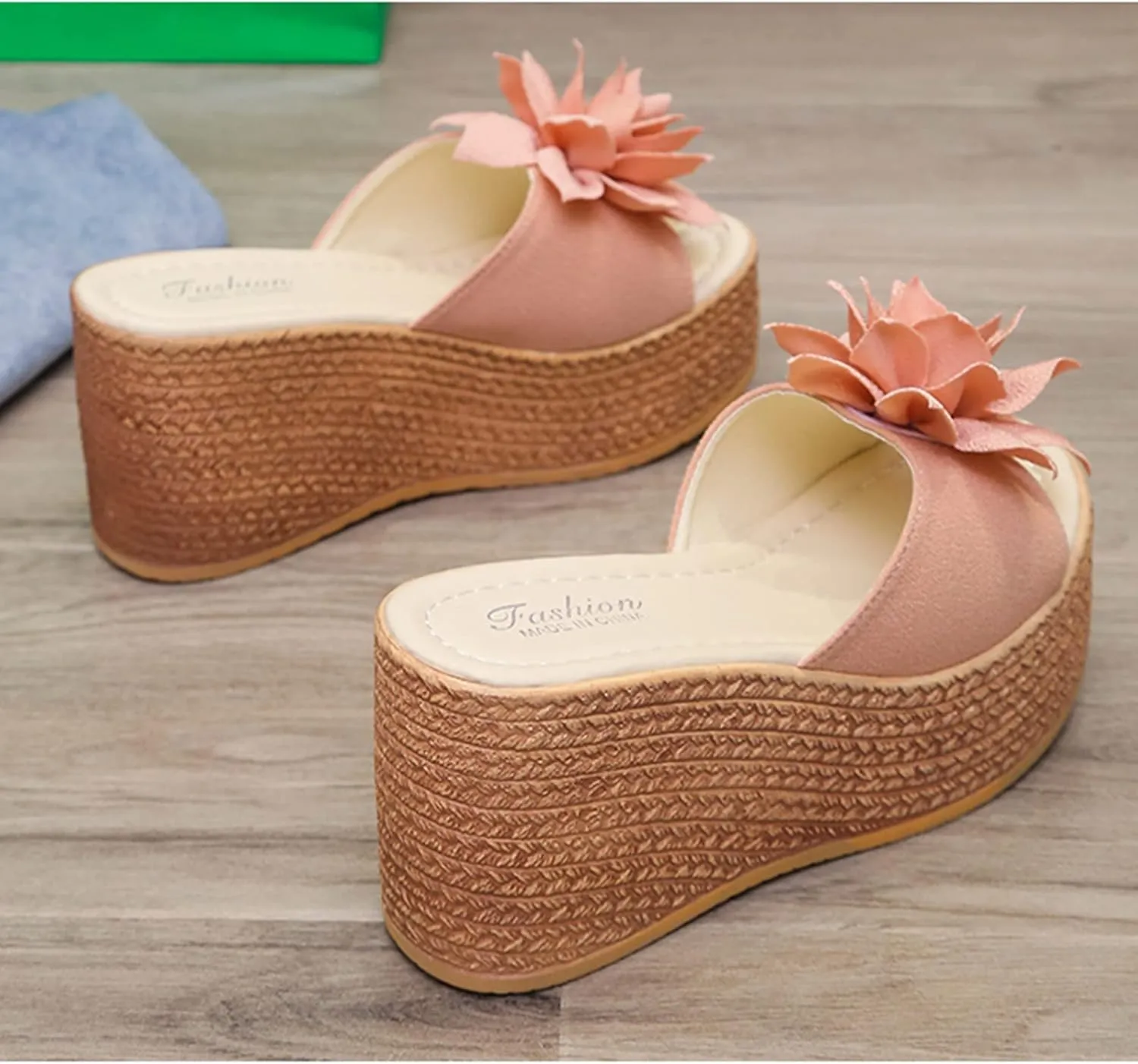 Women's 3D Flower Woven Platform Sandals Wedge Slides,Bohemia Casual Non-Slip Comfy Beach Fish Mouth Open Toes Sandals Dress Heels Slippers