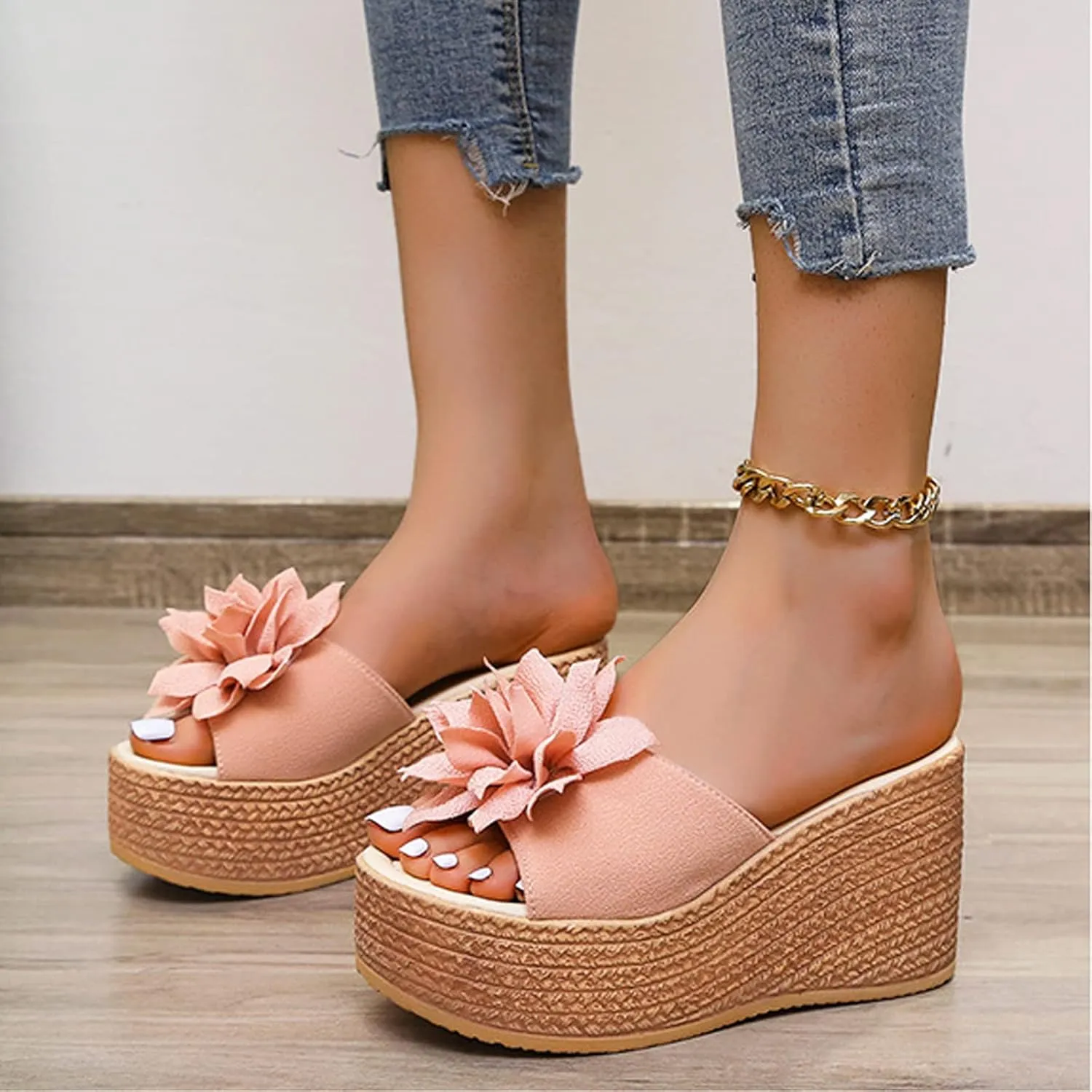 Women's 3D Flower Woven Platform Sandals Wedge Slides,Bohemia Casual Non-Slip Comfy Beach Fish Mouth Open Toes Sandals Dress Heels Slippers