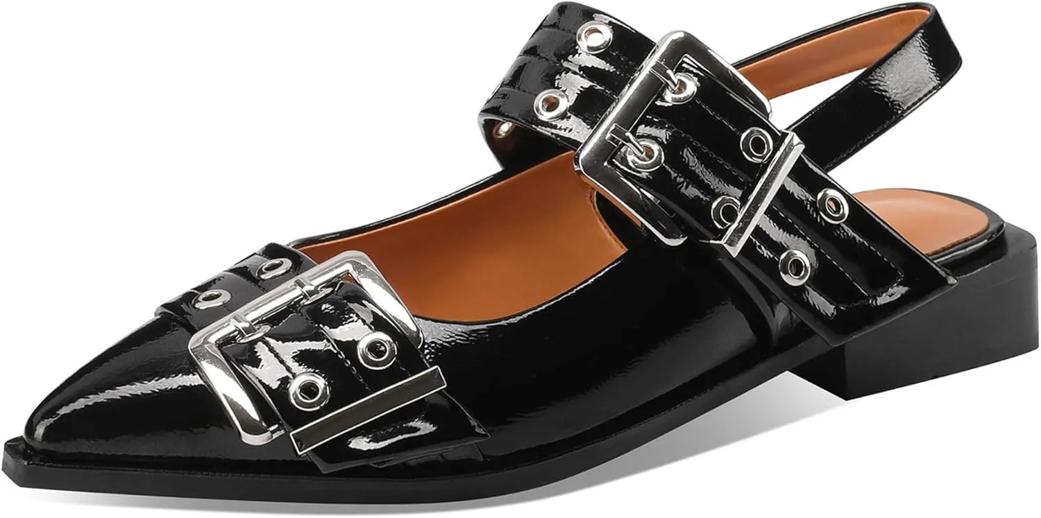Women‘s Adjustable Buckle Flats Comfortable Slingback Sandals Pointed Toe Feminine Buckle Ballerinas