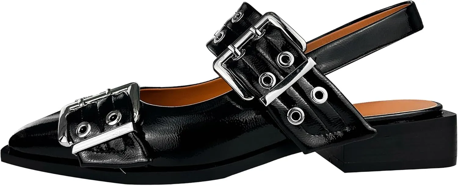 Women‘s Adjustable Buckle Flats Comfortable Slingback Sandals Pointed Toe Feminine Buckle Ballerinas