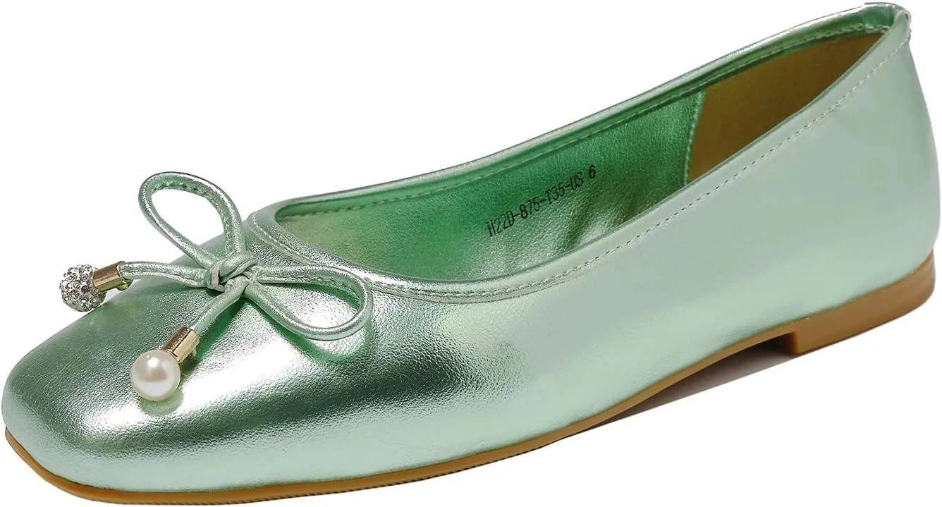 Women's Ballet Flats with Bow Knot & Sparkle Balls Ultra Soft Sole Round Toe Work Travel Casual Outfits Shoes