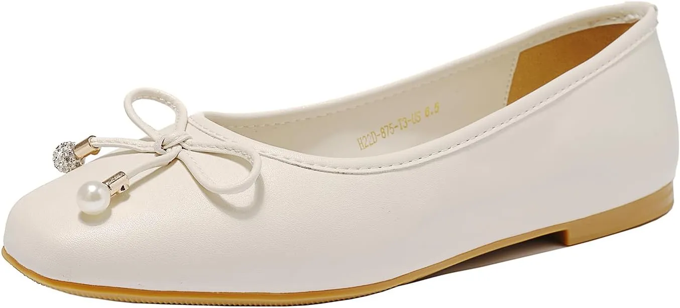 Women's Ballet Flats with Bow Knot & Sparkle Balls Ultra Soft Sole Round Toe Work Travel Casual Outfits Shoes