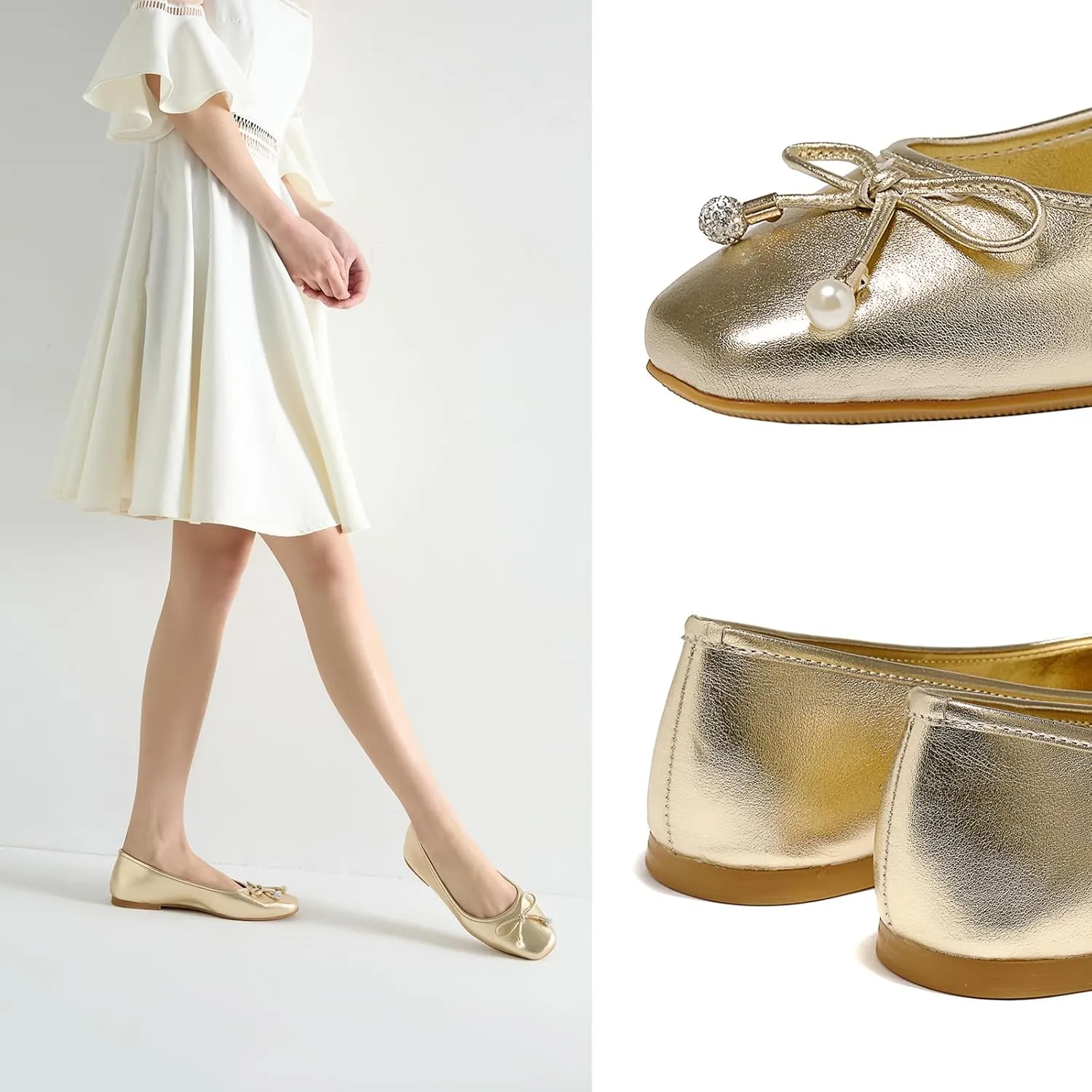Women's Ballet Flats with Bow Knot & Sparkle Balls Ultra Soft Sole Round Toe Work Travel Casual Outfits Shoes