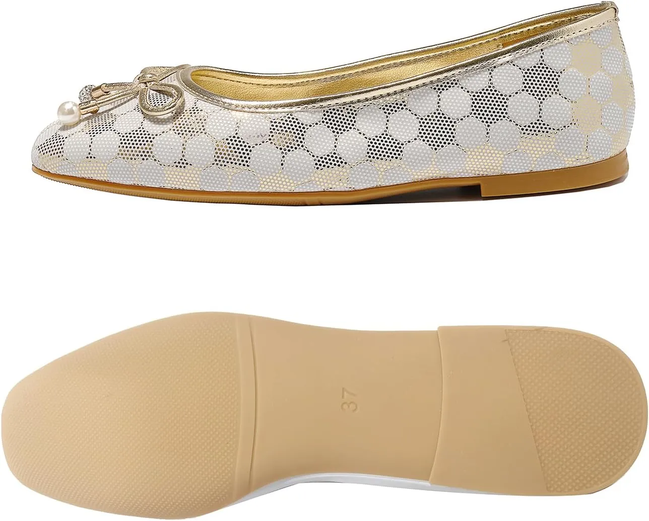Women's Ballet Flats with Bow Knot & Sparkle Balls Ultra Soft Sole Round Toe Work Travel Casual Outfits Shoes