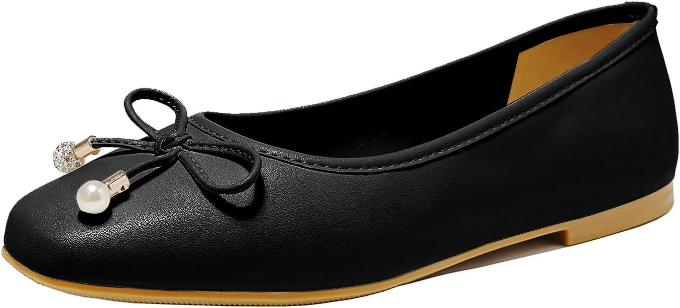Women's Ballet Flats with Bow Knot & Sparkle Balls Ultra Soft Sole Round Toe Work Travel Casual Outfits Shoes