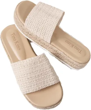 Women's Beige Woven Slide Sandals - Thick Sole Comfortable Platform Sandals for Women, Casual Summer Shoes for Beach, Vacation & Outdoor Walking