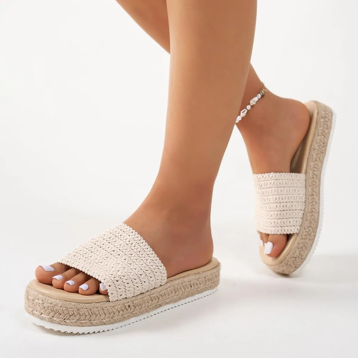 Women's Beige Woven Slide Sandals - Thick Sole Comfortable Platform Sandals for Women, Casual Summer Shoes for Beach, Vacation & Outdoor Walking
