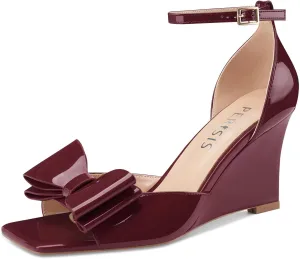 Women's Bow Heels Open Square Toe Wedge Sandals Summer Wedges Shoes with Ankle Strap Buckle Comfortable Dressy Female Shoes for Ladies