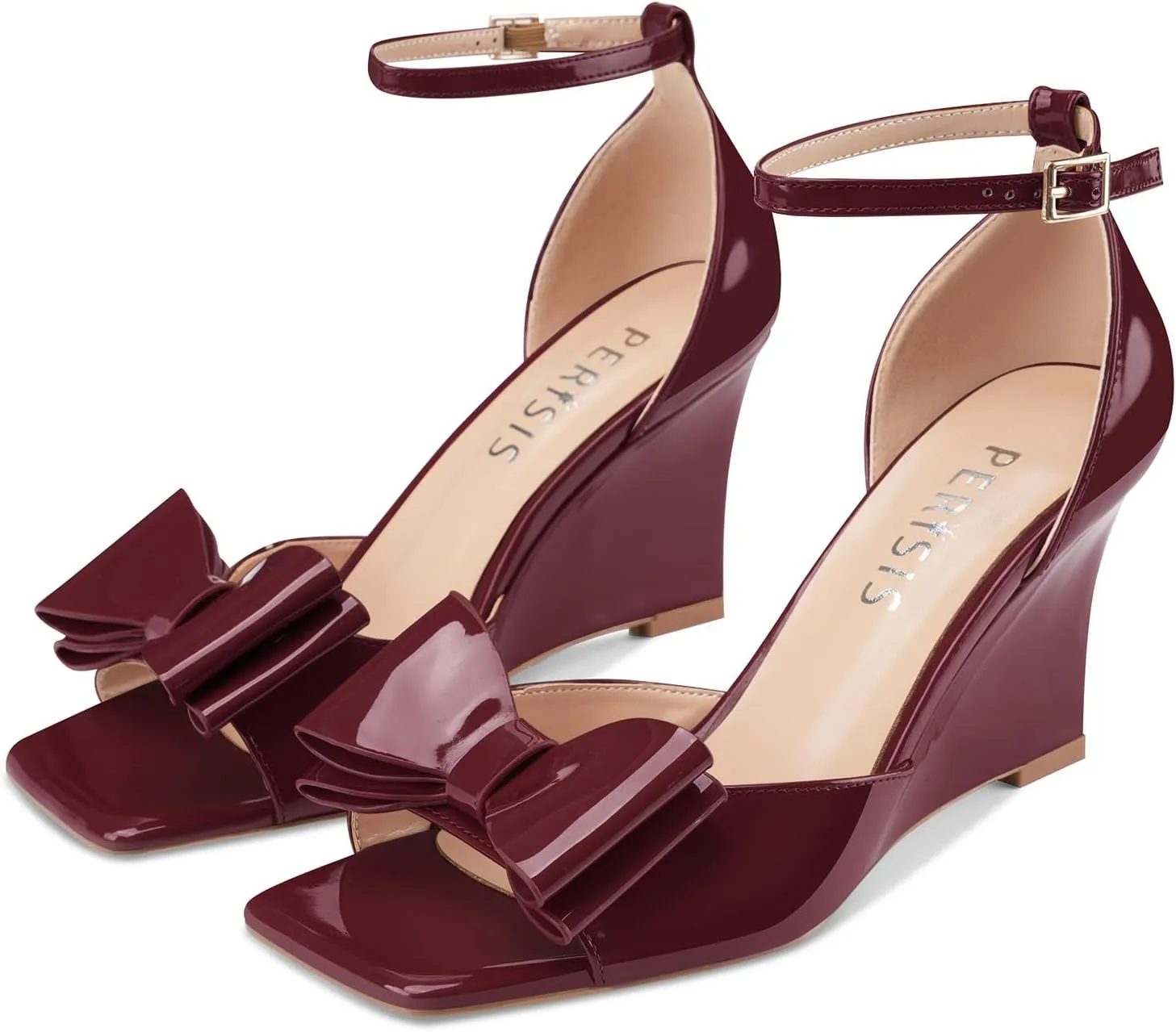 Women's Bow Heels Open Square Toe Wedge Sandals Summer Wedges Shoes with Ankle Strap Buckle Comfortable Dressy Female Shoes for Ladies
