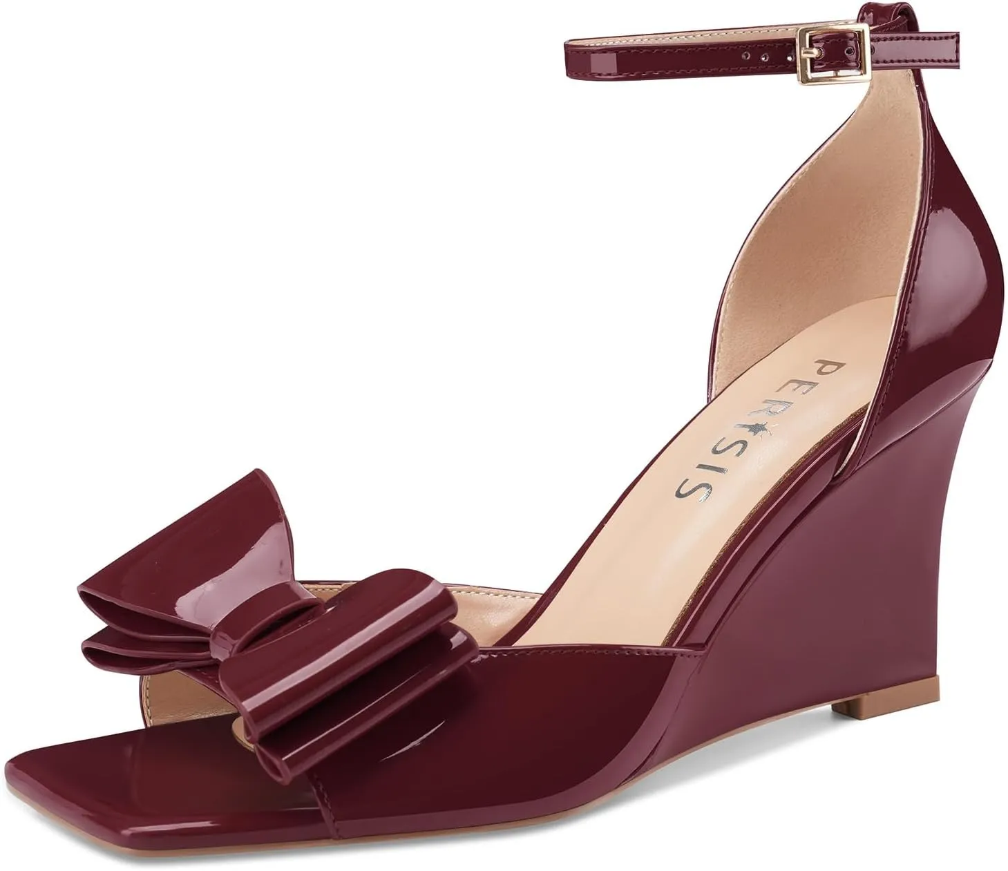 Women's Bow Heels Open Square Toe Wedge Sandals Summer Wedges Shoes with Ankle Strap Buckle Comfortable Dressy Female Shoes for Ladies