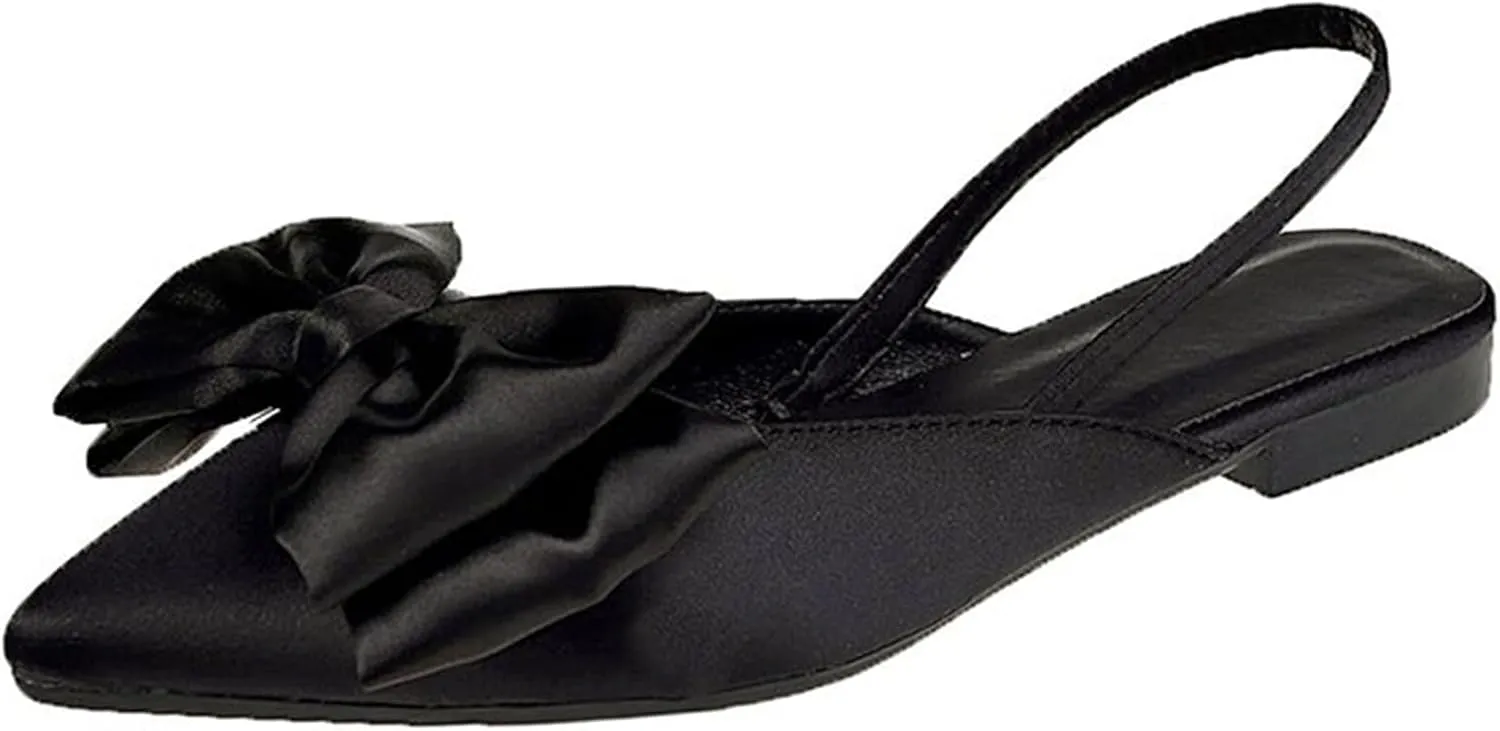Women's Bow Pointed Toe Slingback Flats Comfortable Satin Slip On Pumps Office Work Wedding Party Dressy Flats
