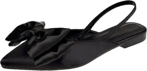 Women's Bow Pointed Toe Slingback Flats Comfortable Satin Slip On Pumps Office Work Wedding Party Dressy Flats