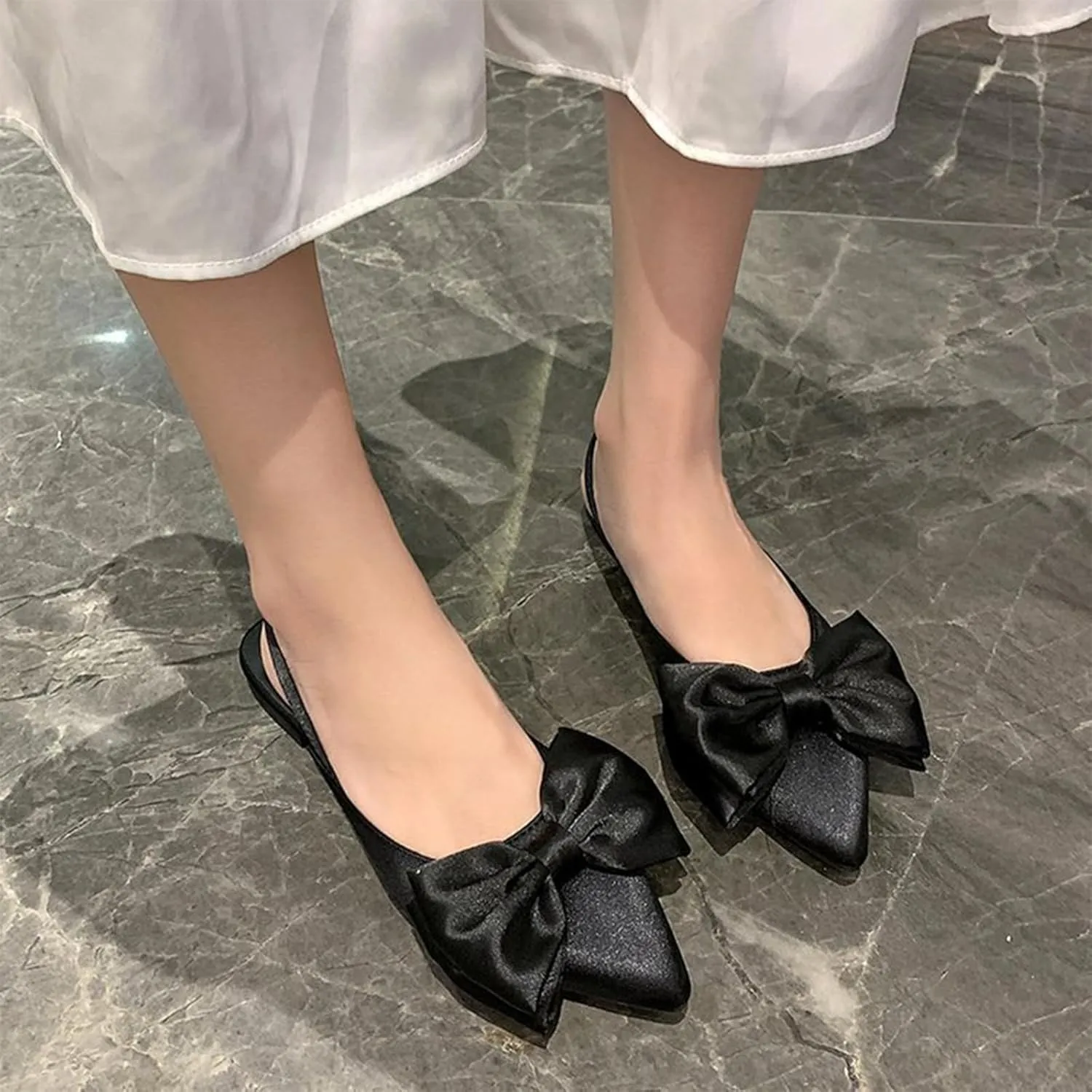 Women's Bow Pointed Toe Slingback Flats Comfortable Satin Slip On Pumps Office Work Wedding Party Dressy Flats