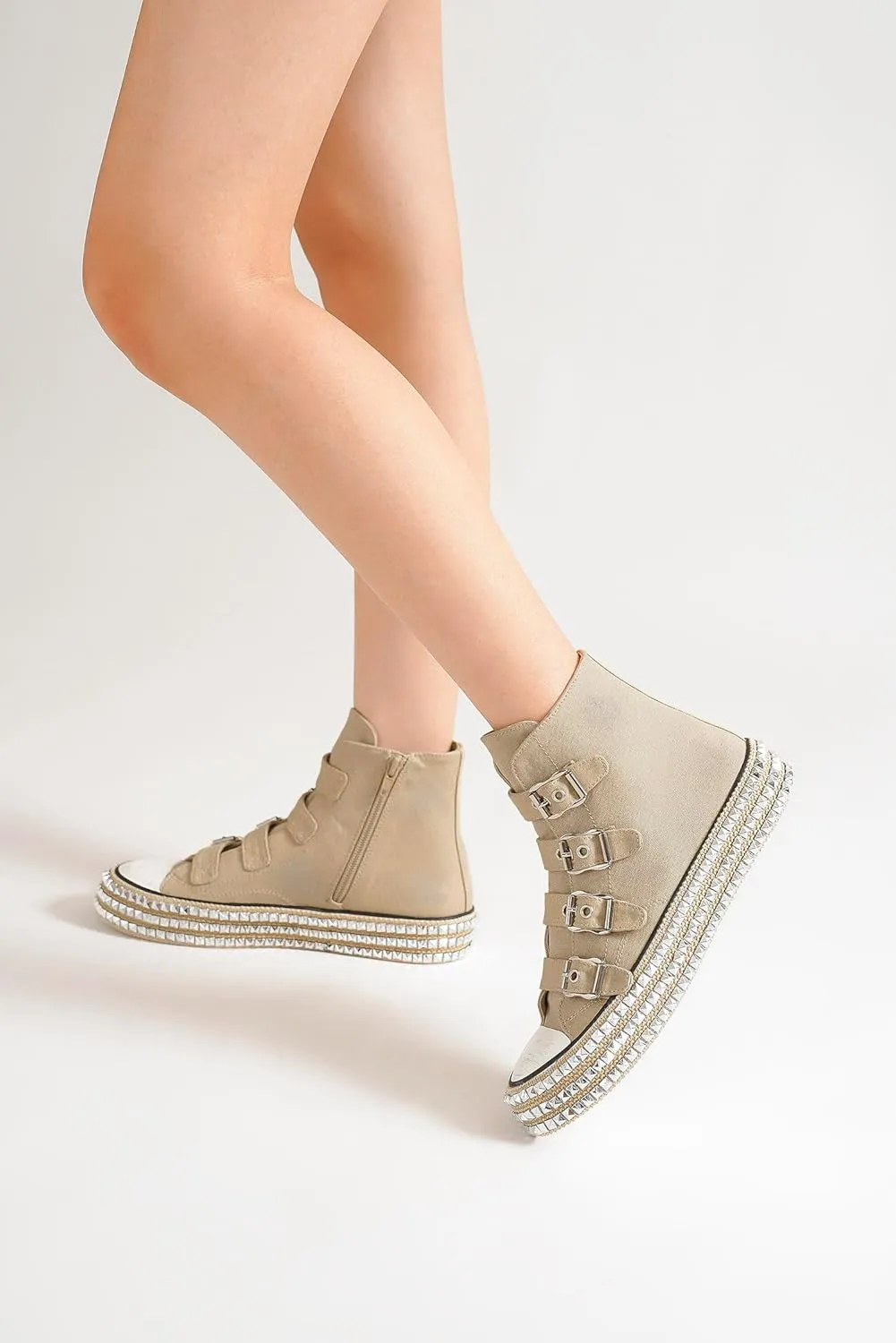 Womens Buckle High-Top Canvas Sneakers Studded Rhinestone Side Shoes Buckle Fashion Shoes Casual Platform Boots