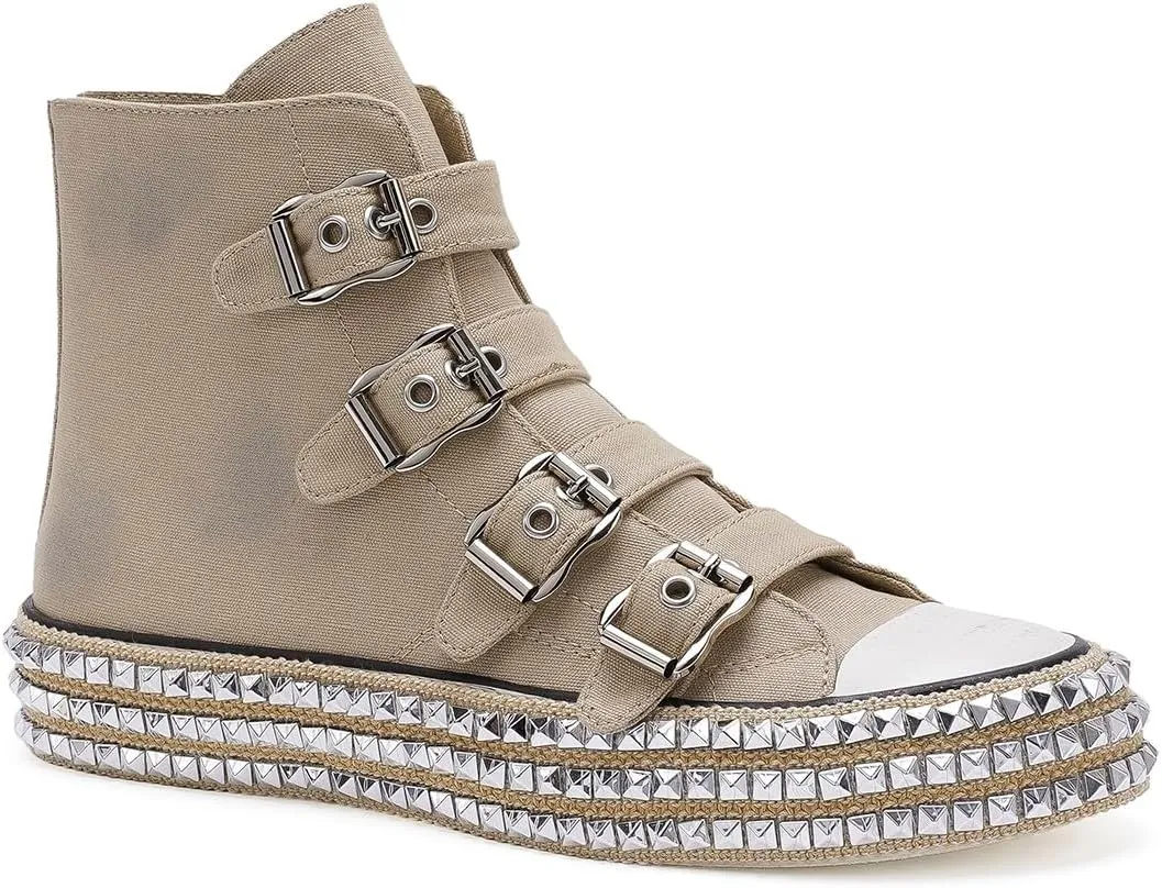 Womens Buckle High-Top Canvas Sneakers Studded Rhinestone Side Shoes Buckle Fashion Shoes Casual Platform Boots