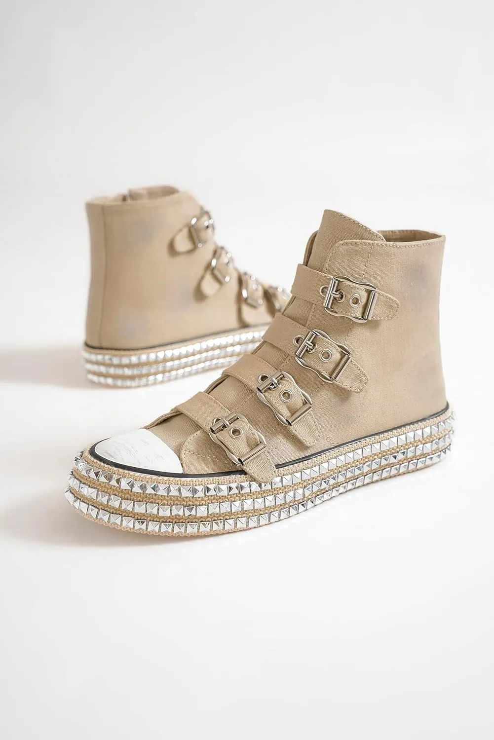 Womens Buckle High-Top Canvas Sneakers Studded Rhinestone Side Shoes Buckle Fashion Shoes Casual Platform Boots