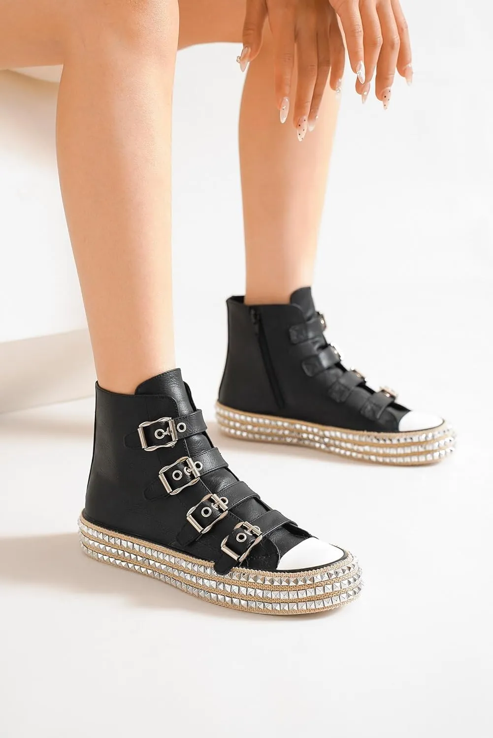 Womens Buckle High-Top Canvas Sneakers Studded Rhinestone Side Shoes Buckle Fashion Shoes Casual Platform Boots